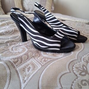 Zebra-Print Peep-Toe Slingback Heels - Black & White
